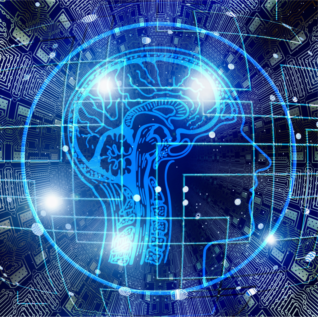 Abstract neon-blue brain formed from circuitry and rings, symbolizing artificial intelligence.
